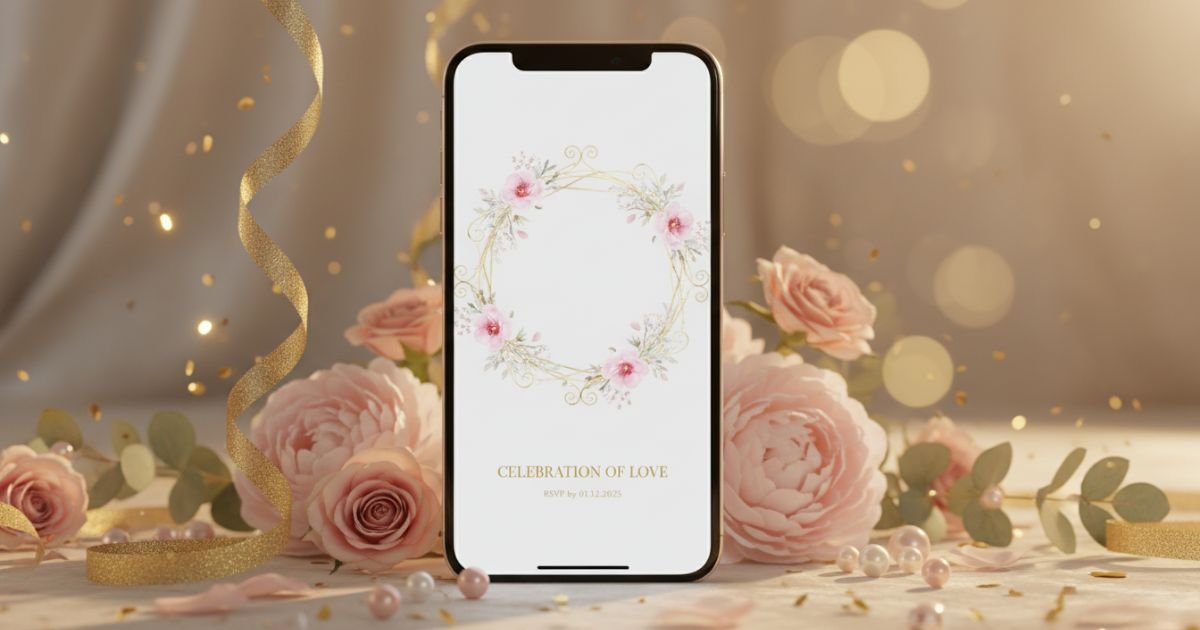 Teléfono con invitación digital elegante enmarcada con flores y decoraciones doradas, sobre fondo cálido con efecto bokeh, representando el Paquete Premium de Invitacion.Social.