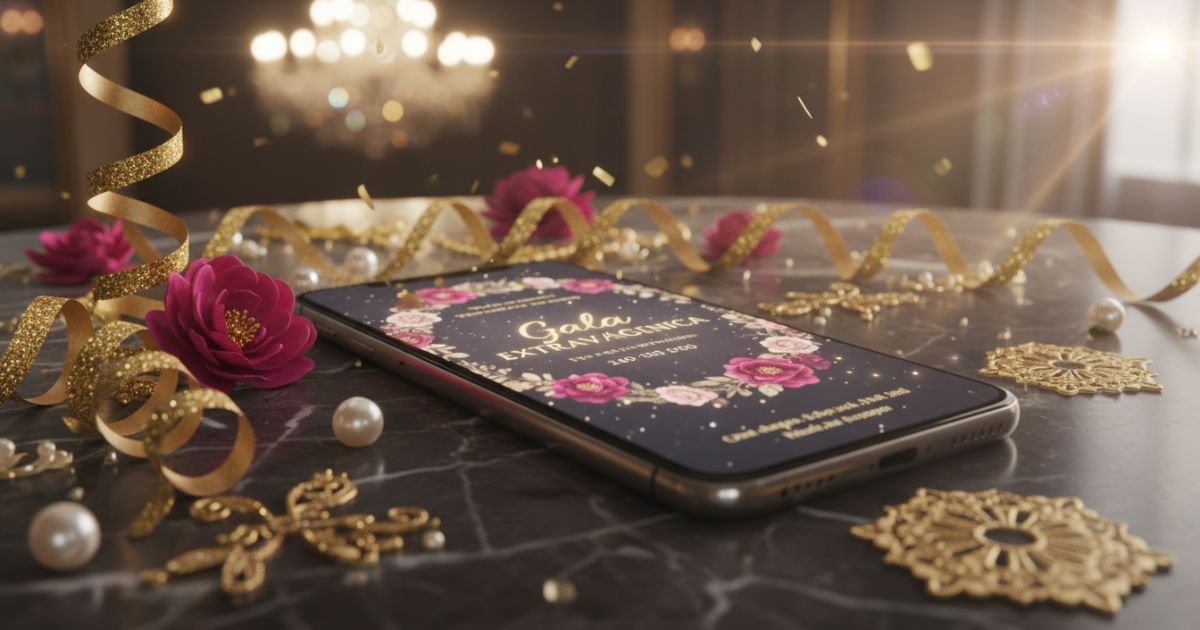 Teléfono mostrando una invitación digital de gala con fondo oscuro, flores magenta y listones dorados, reflejando el diseño exclusivo del Paquete VIP de Invitacion.Social.